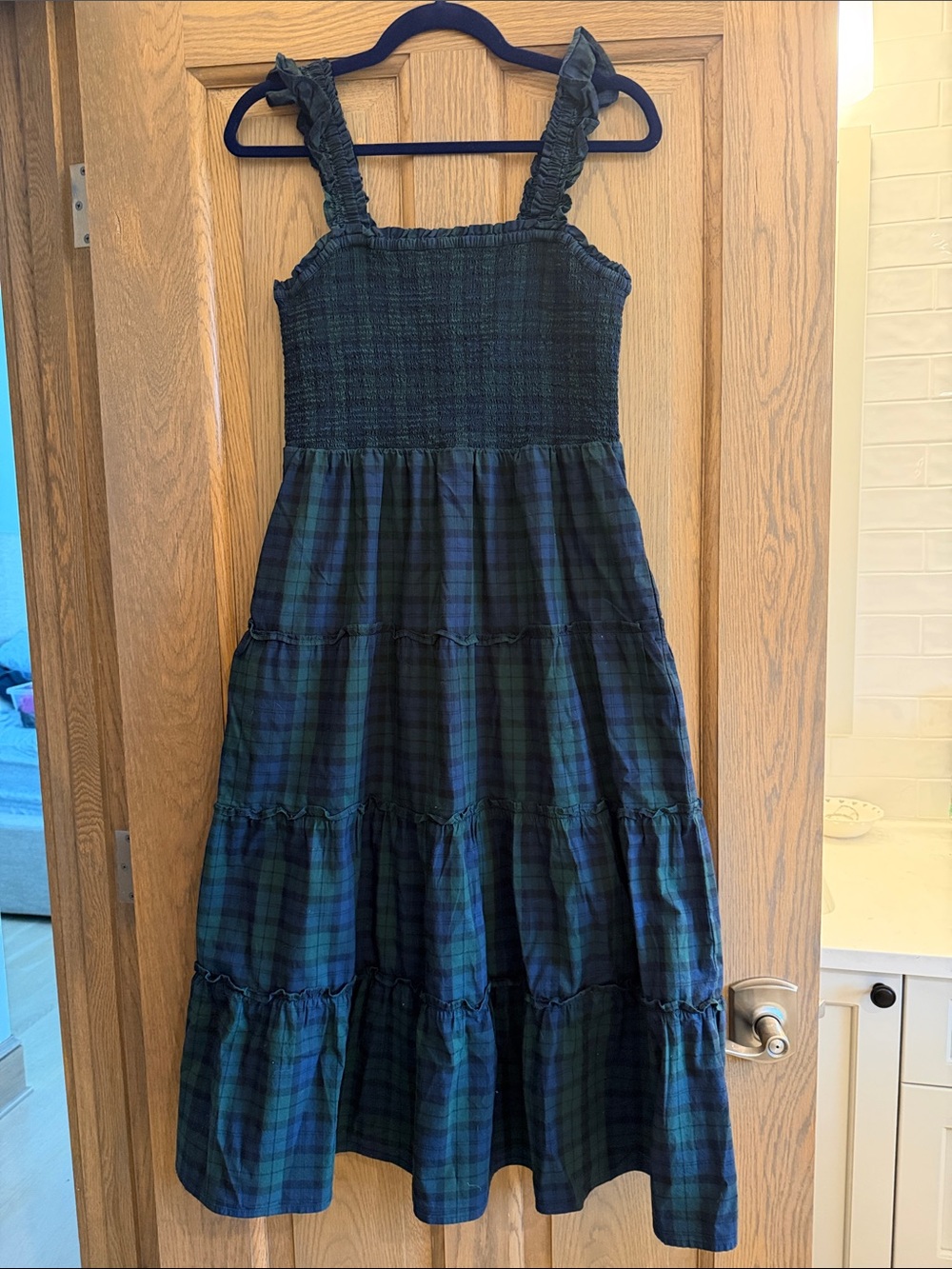 J. Crew Factory Navy & Green Plaid Tiered Maxi Dress